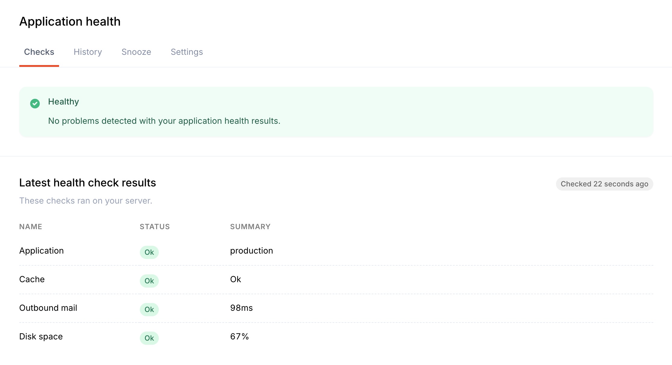 Oh Dear Application Health-overzicht met geslaagde controles voor de applicatie, cache, uitgaande e-mail en schijfruimte