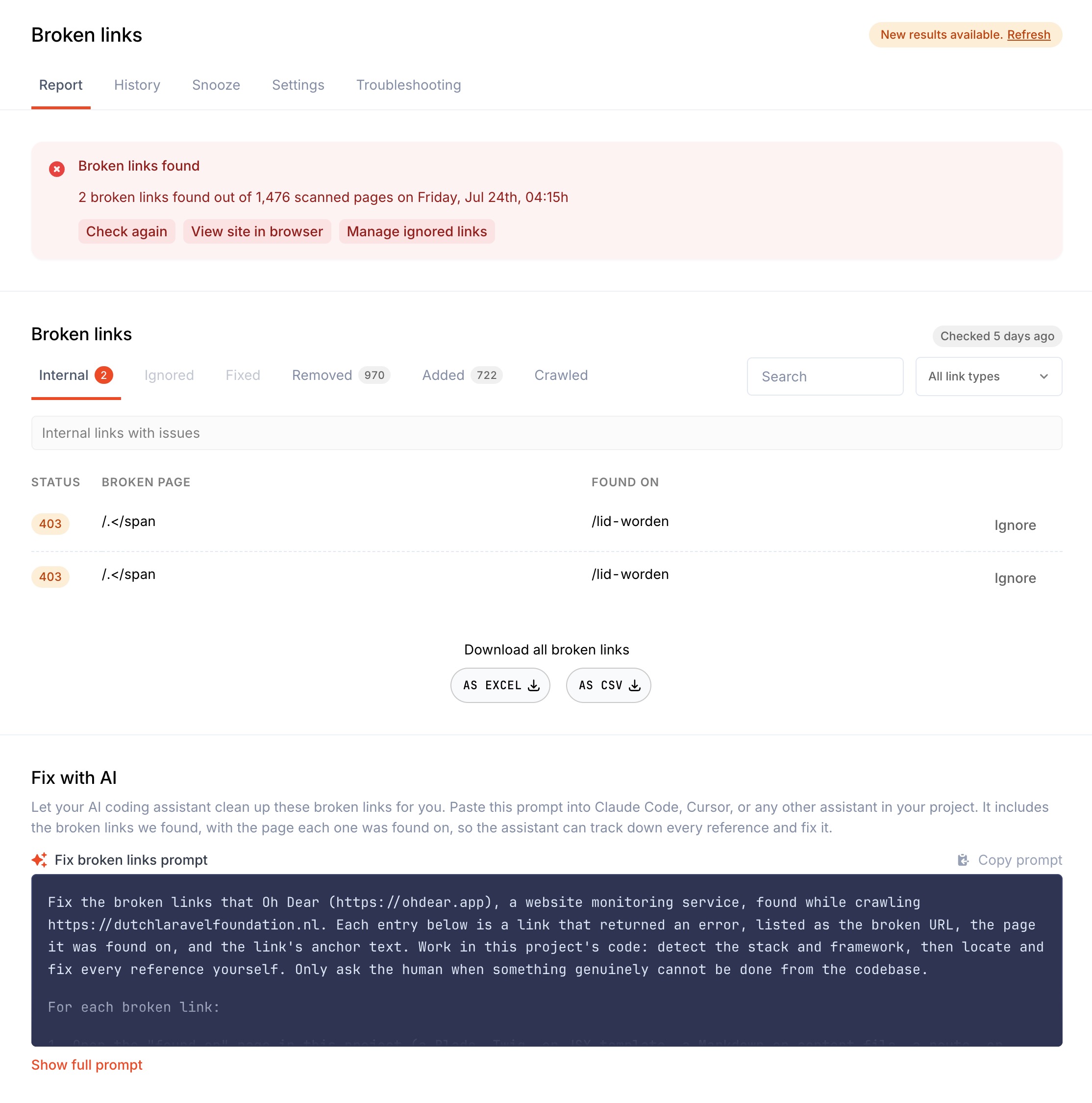 Oh Dear-rapport met twee gebroken links en een Fix with AI-prompt voor een coding agent